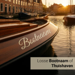Onze losse bootnaam of thuishaven sticker op een mooie houten boot. Foto is in een binnenhaven, genomen tijdens zonsondergang.