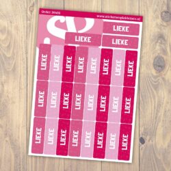 Velletje met 27 roze naamlabels op een houten achtergrond