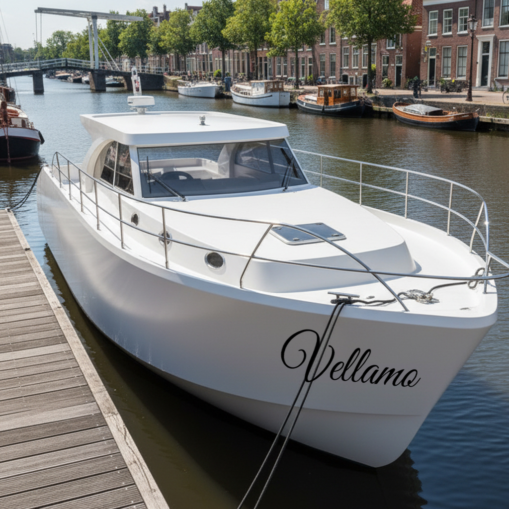 Luxe boot in de haven. Met een mooie sierlijke bootsticker.