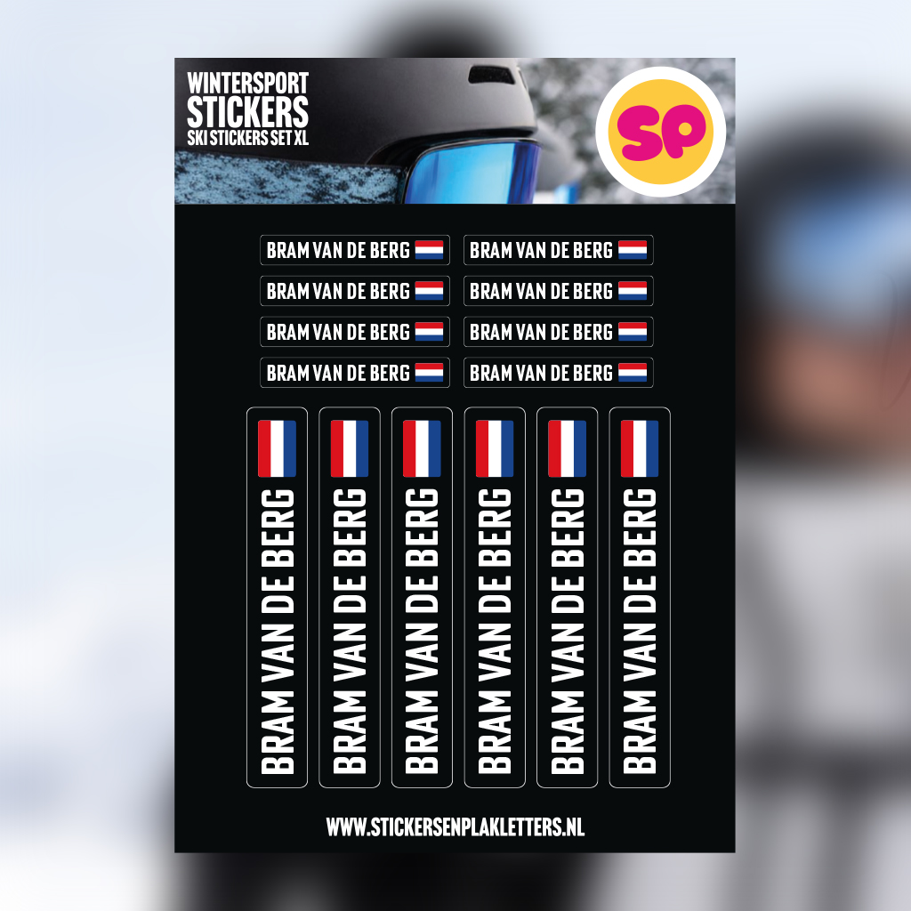 Ski Stickers set voorbeeld Een voorbeeld van de set met daarop alle ski stickers van Stickers en Plakletters